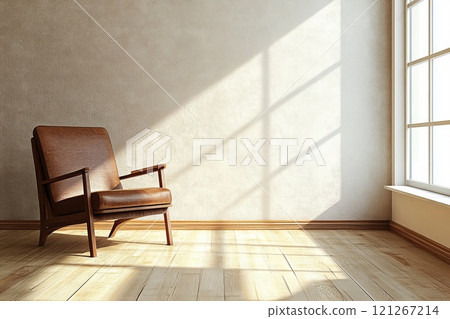 Modern wooden living room with armchair on empty wall background. 121267214