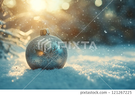 Christmas bauble over the winter, snowy background. 121267225