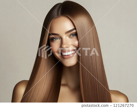 Upper body portrait of smiling European and American woman with thick, smooth long straight hair Upper body portrait of smiling European and American woman with thick, smooth long straight hair 121267270