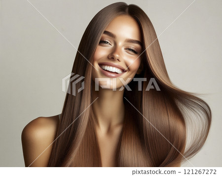 濃密柔順長直發微笑的歐美女人上半身肖像 121267272