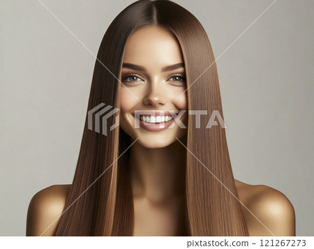 濃密柔順長直發微笑的歐美女人上半身肖像 濃密柔順長直發微笑的歐美女人上半身肖像 121267273