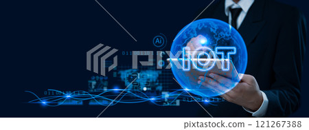 Businessman holding a digital globe with IoT concept graphics, representing technology, innovation, and global connectivity. Businessman holding a digital globe with IoT concept graphics, representing technology, innovation, and global connectivity. 121267388