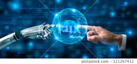 Human and robotic hand touching AI hologram for artificial intelligence technology and innovation concept Human and robotic hand touching AI hologram for artificial intelligence technology and innovation concept 121267412