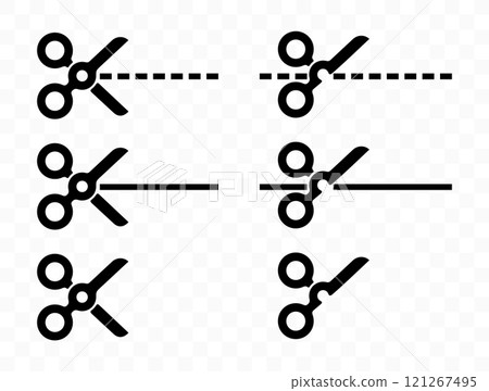 Scissors cut along line and dotted line, graphic design. Open scissors cutting, scissoring and shears, vector design and illustration Scissors cut along line and dotted line, graphic design. Open scissors cutting, scissoring and shears, vector design and illustration 121267495
