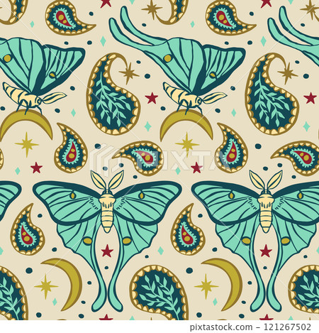 Seamless pattern with celestial luna moth and paisley motif. Stars and moons boho wallpaper 121267502