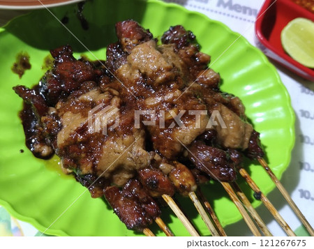 A plate of succulent-looking Sate Kambing or goat satay. 121267675