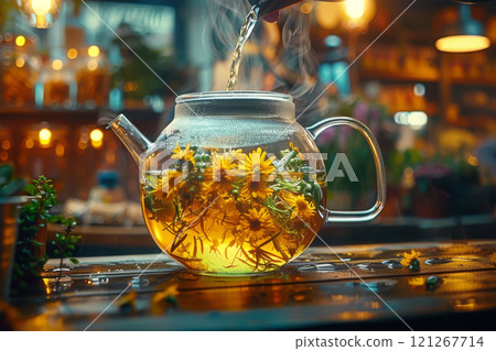 Hot water is being poured over a blend of dried herbs in a glass teapot, creating a warm, healing infusion in a cozy setting Hot water is being poured over a blend of dried herbs in a glass teapot, creating a warm, healing infusion in a cozy setting 121267714