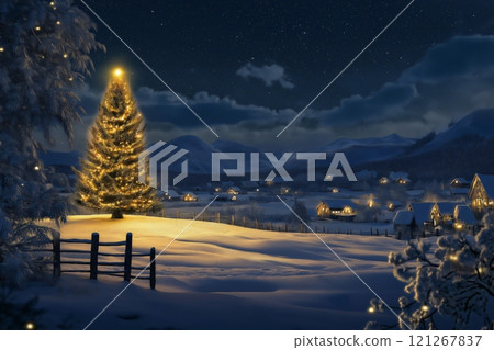 Snowy landscape with a brightly lit Christmas tree in the foreground and a cozy village nestled in the valley below under a starry night sky 121267837