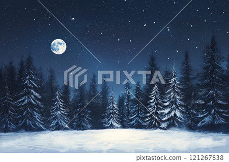 Serene snowy forest at night, lit by a full moon, creating a magical winter wonderland under a starry sky, evoking calm and awe 121267838
