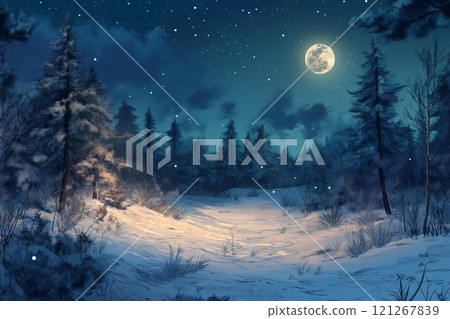 Serene snow covered forest under a full moon on a winter night, with tall coniferous trees dusted in snow and a starry sky above, creating a magical winter scene 121267839