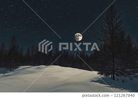 Serene winter night with a bright full moon illuminating a snow covered forest, creating a tranquil and beautiful snowy scene perfect for a holiday background 121267840