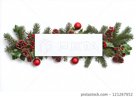 Christmas banner mockup decorated with fir branches, pine cones and red baubles on a white background 121267852