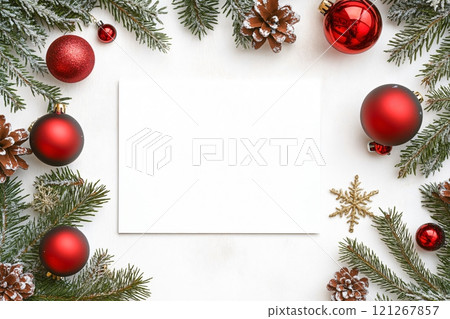 Christmas greeting card mockup lying on a white wooden surface surrounded by Christmas decorations 121267857