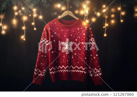 Red knitted Christmas sweater with snowflake ornament hanging on a hanger with warm garland lights and fir tree branches in the background 121267860