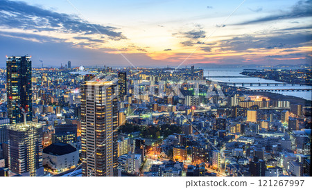 Cityscape view of Osaka downtown from Umeda Sky Building observation deck in Osaka, Japan 121267997