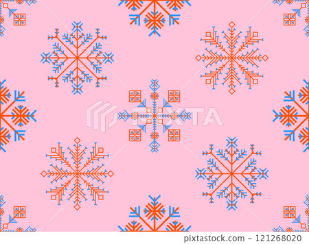 Snowflakes seamless pattern. Winter background with geometric snowflakes of different shapes. Christmas and New Year design for wrapper, banner and poster. Vector illustration Snowflakes seamless pattern. Winter background with geometric snowflakes of different shapes. Christmas and New Year design for wrapper, banner and poster. Vector illustration 121268020