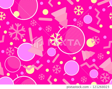 Christmas seamless pattern with geometric shapes in the style of the 80s. Christmas pattern with fir trees, Christmas decorations and geometric shapes for wrappers and banners. Vector illustration 121268023