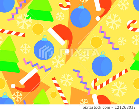 Christmas seamless pattern with geometric shapes in 80s style. Christmas balls, fir trees, lollipops and snowflakes with geometric shapes. Design for banners, wrappers and covers. Vector illustration Christmas seamless pattern with geometric shapes in 80s style. Christmas balls, fir trees, lollipops and snowflakes with geometric shapes. Design for banners, wrappers and covers. Vector illustration 121268032