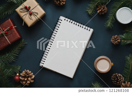 Christmas planning concept with blank notebook surrounded by Christmas decoration, hot drink and pine branches on dark background 121268108