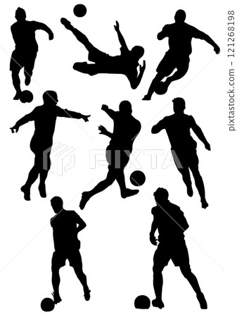Nine silhouettes of soccer players performing actions such as kicking, running and jumping 121268198