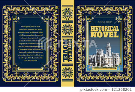 Book cover design featuring a gold ornate border on a navy blue background and a european castle Book cover design featuring a gold ornate border on a navy blue background and a european castle 121268201