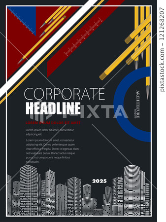 Corporate architecture flyer template featuring pencils and rulers above a city skyline Corporate architecture flyer template featuring pencils and rulers above a city skyline 121268207