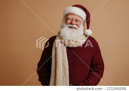 Santa Claus is smiling and wearing a red sweater and a white scarf with his Santa hat 121268208