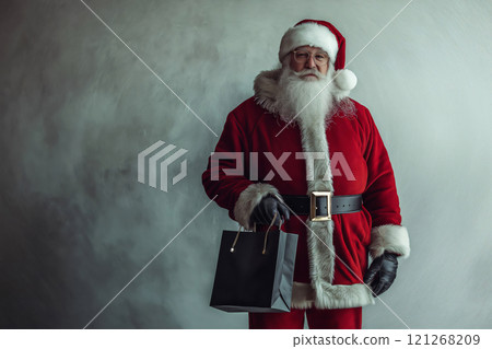 Santa Claus is holding a shopping bag with Christmas presents, standing in front of a gray background 121268209