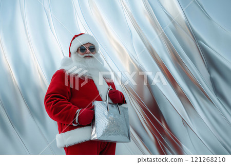 Santa Claus is posing with sunglasses and a silver shopping bag in front of a metallic background 121268210