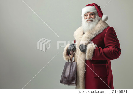 Santa Claus wearing a modern slim fit winter suit, holding a shopping bag and smiling 121268211