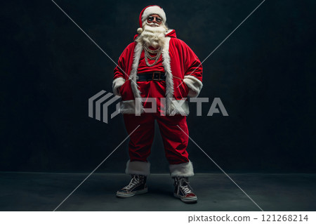 Santa Claus wearing a streetwear outfit with sneakers, sunglasses, a hoodie, and gold chains standing with his hands in his pockets 121268214