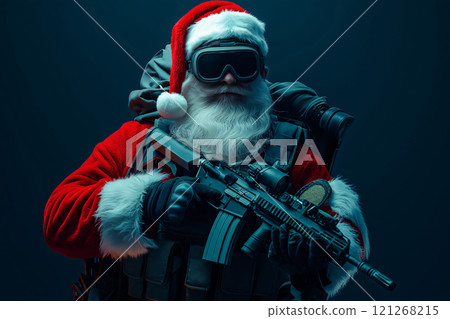 Santa Claus is wearing tactical gear and holding an assault rifle in front of a dark background 121268215
