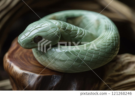Beautifully crafted green wooden snake sculpture is resting on a wooden stand, its intricate details highlighted by the warm lighting 121268246