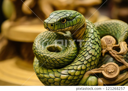 Carved wooden sculpture of a green snake is coiled around a branch with its scales meticulously carved 121268257