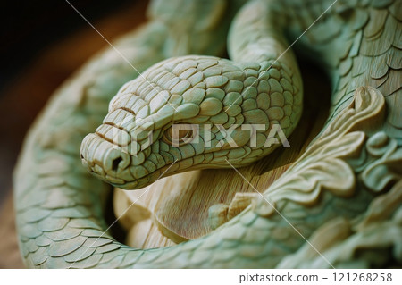 Wooden snake sculpture resting on a sculpted surface, showcasing the craftsmanship of a skilled artisan 121268258