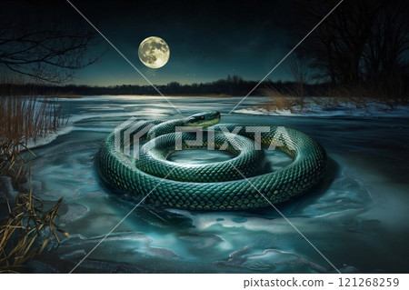 Large green snake is resting on a frozen lake on a cold winter night with a full moon 121268259