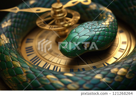 Green snake is curled around the golden face of a clock, creating a powerful symbol of time passing 121268264