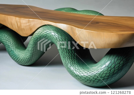 Wooden table with a live edge is being supported by two intricately carved green snakes 121268278