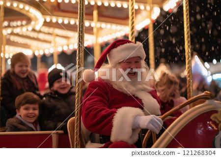 Santa claus laughing on a carousel with children in the background during a christmas party 121268304