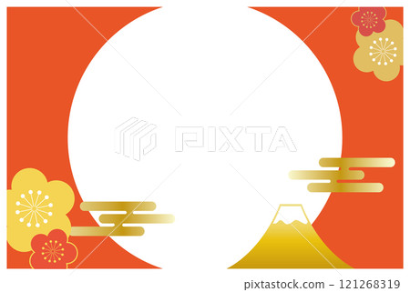 日式背景框架與富士山、日出和梅花新年標題橫幅 日式背景框架與富士山、日出和梅花新年標題橫幅 121268319