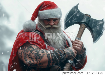 Santa claus is standing in a snowy forest holding a double headed axe while wearing a traditional red suit with tattoos on his arms 121268338