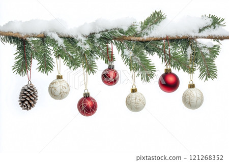 Snow covered pine branch with hanging red and white christmas ornaments and a pine cone on a pure white background 121268352