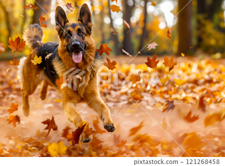 A dog running through a field of leaves in the fall 121268458
