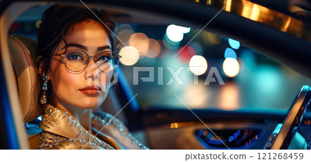 A woman wearing glasses sitting in a car at night A woman wearing glasses sitting in a car at night 121268459