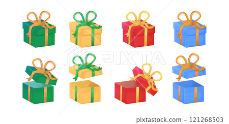 Set of colorful Christmas gift boxes in green, yellow, red, and blue with ribbons and bows. Open and closed gift boxes isolated on white background. Design for greeting card, invitation, poster 121268503