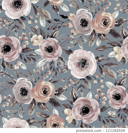 Seamless pattern with watercolor monochrome anemone flowers bouquets. botanical hand painted 121268509