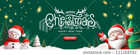 Merry Christmas message and Happy new year sale, Santa claus character and snowman, pine tree, banner design  121268592