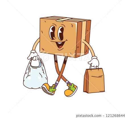 Cartoon groovy delivery cardboard box character happily carrying shopping bags, showing friendly and funky vibe. Isolated vector funny parcel, pack retro personage suggests a fun shopping experience 121268644