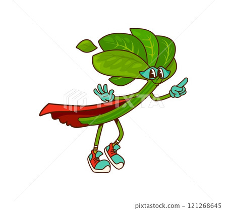 Cartoon groovy spinach vegetable retro superhero character. Isolated vector greenery brave warrior or defender super hero hippie personage in cape and mask. Funky y2k fairytale healthy vitamin food 121268645