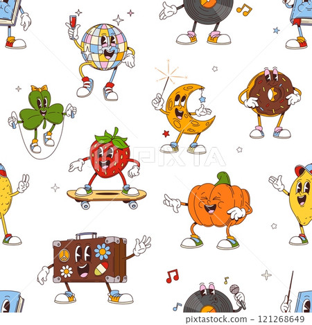 Retro cartoon groovy characters in seamless pattern, vector comic background. Groovy funky disco ball with strawberry hipster on skateboard and 70s vinyl disc with lemon and book with funny face Retro cartoon groovy characters in seamless pattern, vector comic background. Groovy funky disco ball with strawberry hipster on skateboard and 70s vinyl disc with lemon and book with funny face 121268649